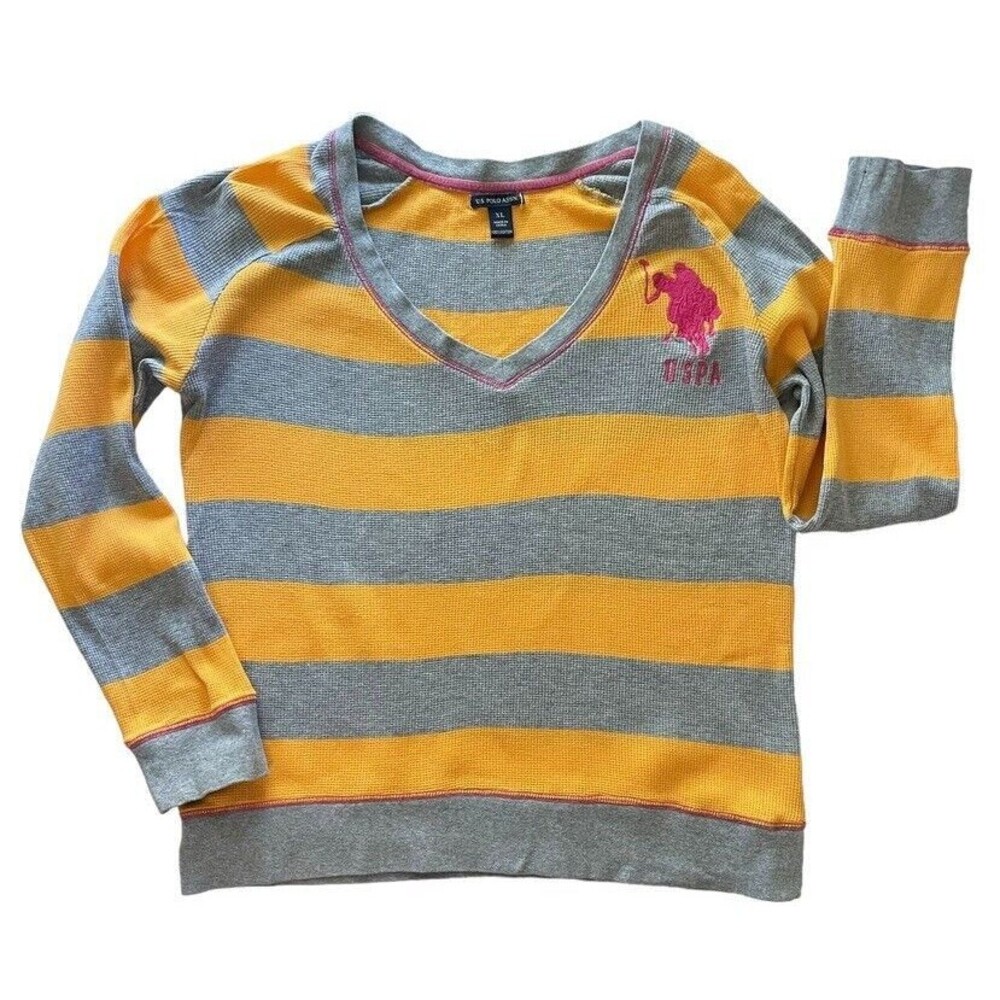 Y2K US Polo Assn Big Pony Striped Waffle Knit Rugby Top V-Neck XL